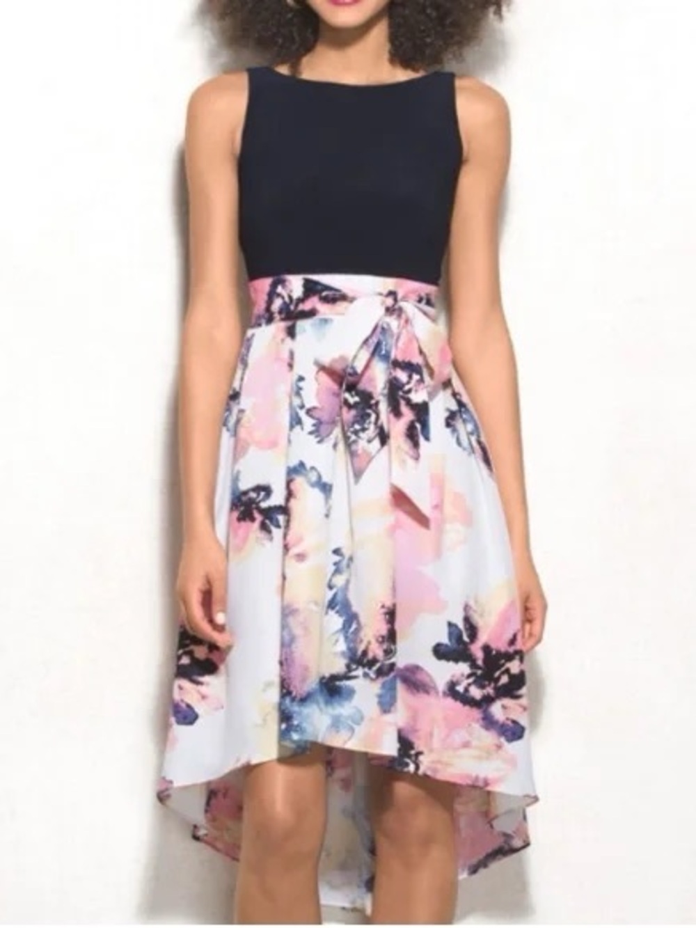 Dressbarn Navy Bodice Floral A-Line Dress with Pink & Blue Watercolor Skirt